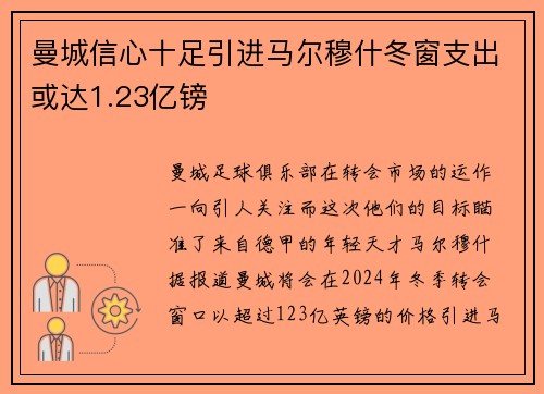 曼城信心十足引进马尔穆什冬窗支出或达1.23亿镑