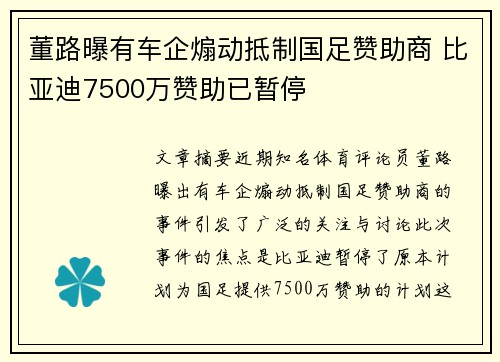 董路曝有车企煽动抵制国足赞助商 比亚迪7500万赞助已暂停